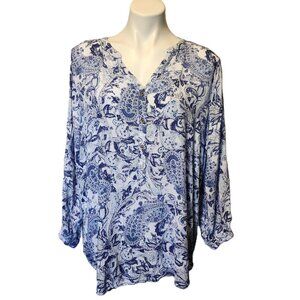 ❤️ 4/$20 Grand & Greene top Women's 1X blue white paisley floral blouse V-neck